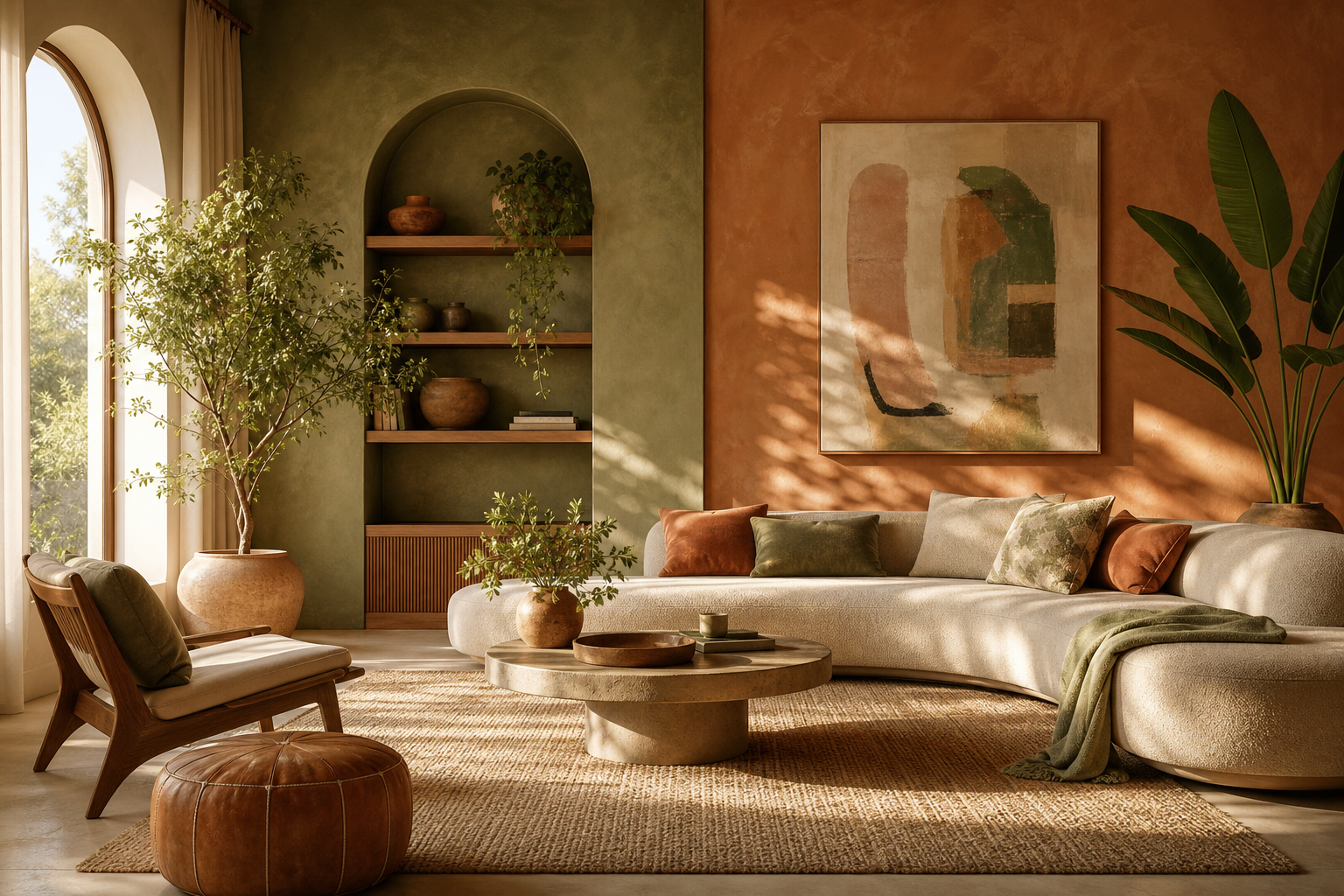 Warm sunlit living space with plants, textiles, and calm wellness palette